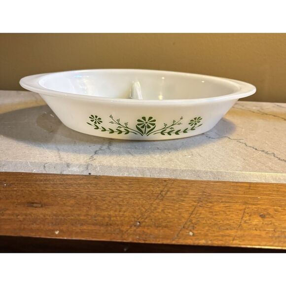 Glasbake Green Crazy Oval Divided‎ Casserole Dish J2352 MilkGlass Vintage - Picture 1 of 4